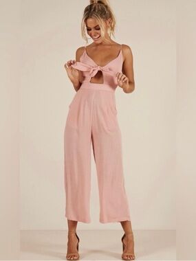 ISO- Spaghetti-Strap Tie-Front Jumpsuit in Blush Pink